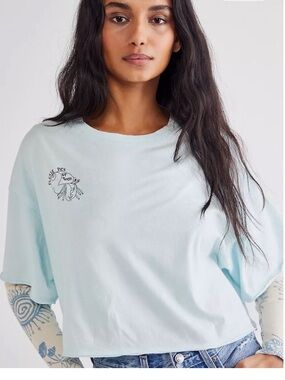 Free People Women's M Save The Sea Graphic Tee Aqua Blue Boxy Rare